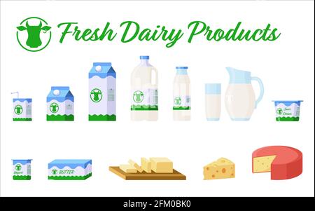 Collection of dairy products - milk in different packages - carton, glass, jug, yogurt, cheese, butter, sour cream. Vector illustration, isolated on white background Stock Vector