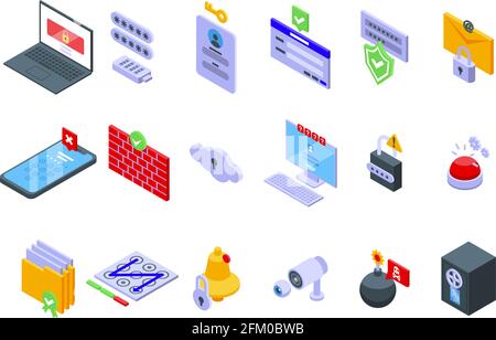 Password protection icons set. Isometric set of password protection vector icons for web design isolated on white background Stock Vector