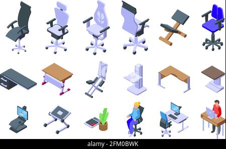 Ergonomic workplace icons set. Isometric set of ergonomic workplace vector icons for web design isolated on white background Stock Vector