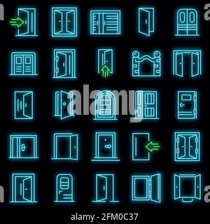 Entrance icons set. Outline set of entrance vector icons neoncolor on black Stock Vector