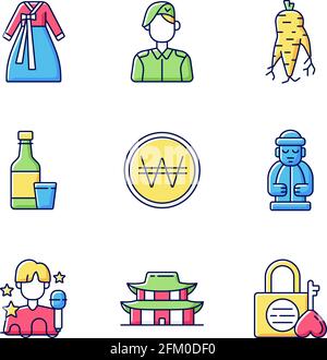 Culture of Korea RGB color icons set Stock Vector