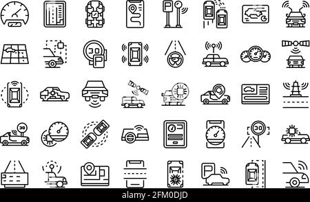 Autonomous car linear icons set. Detecting pedestrians, full automation ...