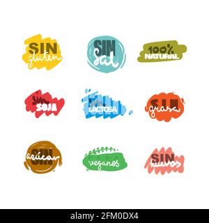 Food allergic icons set. Colored labels hand drawing in Spanish. Lactose free, sugar free, gluten free, salt free, egg free, soy free, fat free, veget Stock Vector