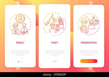 Copyright contravention types onboarding mobile app page screen with concepts Stock Vector