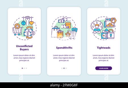 Buyers types onboarding mobile app page screen with concepts Stock Vector