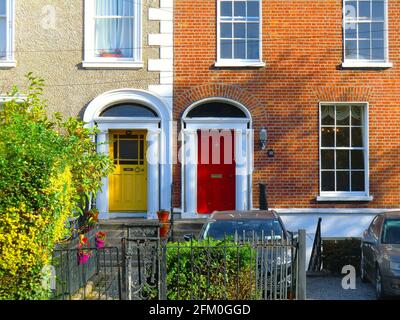 Colorful british doors in a residential Area in the surrounding of St Stephen's Green, public park in Dublin in the city centre, Ireland, Europe Stock Photo