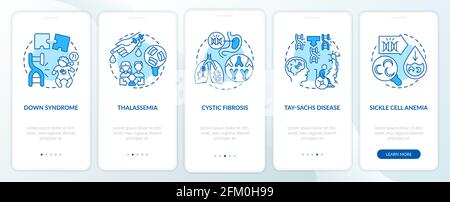 Most common genetic diseases blue onboarding app page screen with concepts Stock Vector