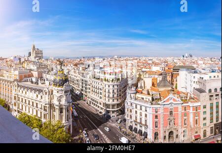 Madrid skyline. Panorama over the capital of Spain with a view of the Gran Via and the Metropolis house. Stock Photo