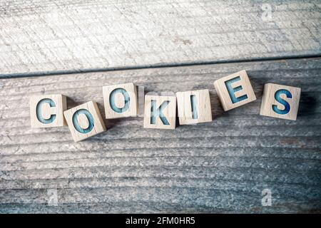 Cookies Written On Wooden Blocks On A Board Stock Photo