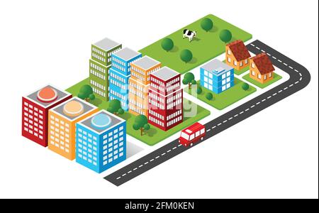 Landscape trees, streets. Three-dimensional views of skyscrapers, houses Stock Vector