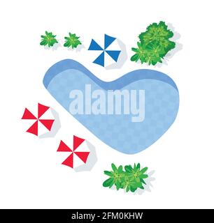 Top view of the happy holiday pool with beach umbrellas and trees Stock Vector