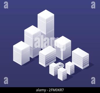 The isometric city with skyscraper from urban building vector architecture. Stock Vector