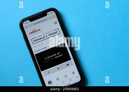 Milan, Italy - 5 May 2021: 'From the desk of Donald J. Trump' website page on a smartphone. As Facebook decides today to lift its ban on the former US Stock Photo