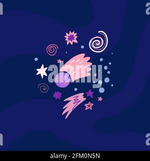 Childrens illustration of a meteorite, shooting star, stars and curls on dark violet background. Cosmic luminaries. Galaxy. Vector hand drawn flat ill Stock Vector