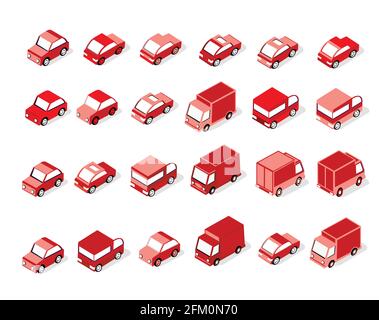 Isometric set of red motor vehicles cars, trucks, Stock Vector