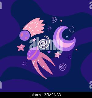 Childrens illustration of a space satellite, crescent moon, Saturn and stars on dark violet background. Space adventure. Galaxy exploration. Vector ha Stock Vector