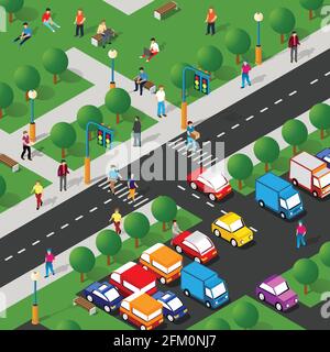 Isometric park with trees and people with benches Stock Vector
