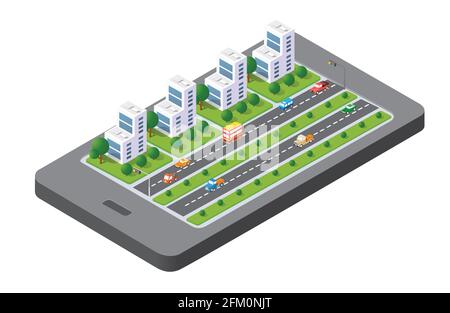 3D map of isometric city mobile phone on the street. Navigation technology Stock Vector