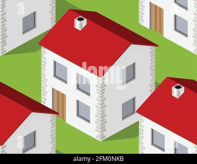 Isometrics village seamless pattern. Suburban structure landscape Stock Vector