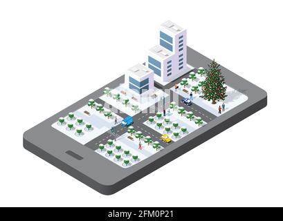 3D map of isometric city mobile phone on the street. Navigation technology Stock Vector