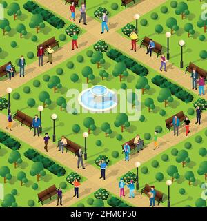 People walk in the park alleys trees city isometric Stock Vector