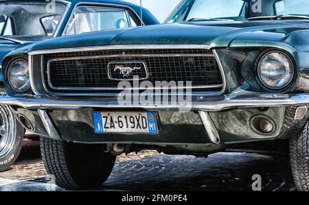 FANO, ITALY - Jun 10, 2018: Fano  lido , ITALY - june 10 - 2018 :  vintage mustang  old   car in  historical exposure in fano lido summer Stock Photo