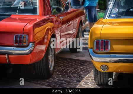 FANO, ITALY - Jun 10, 2018: Fano  lido , ITALY - june 10 - 2018 :  vintage mustang  old   car in  historical exposure in fano lido summer Stock Photo