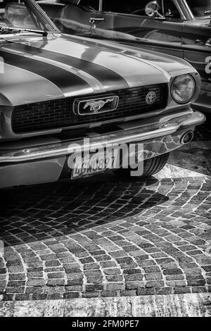 FANO, ITALY - Jun 10, 2018: Fano  lido , ITALY - june 10 - 2018 :  vintage mustang  old   car in  historical exposure in fano lido summer Stock Photo