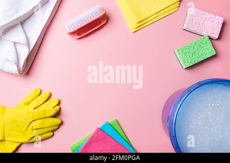 House cleaning products, copy space. Flat lay house cleaning