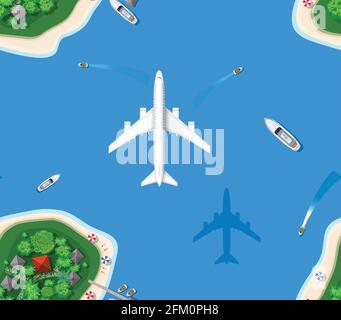 Seamless pattern landscape for recreation. Top view of the island Stock Vector