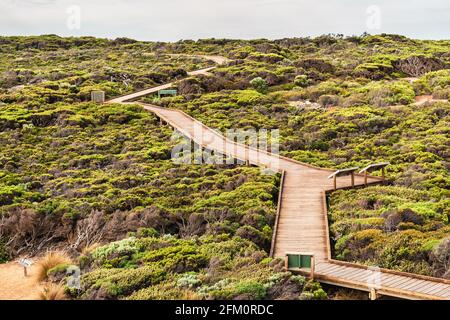 Remarkable Rocks boardwalk viewed towards the carpark from the lookout on a day, Flinders Chase National Park, South Australia Stock Photo