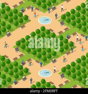 Isometric city park concept with walking people green trees bushes ...