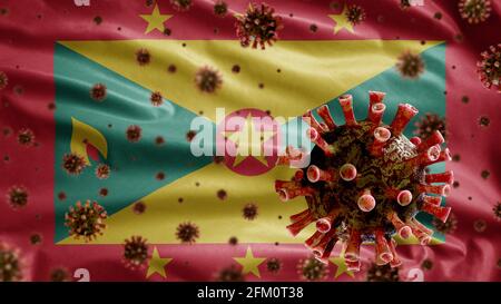 3D, Flu coronavirus floating over Grenadian flag, a pathogen that attacks the respiratory tract. Grenada banner waving with pandemic of Covid19 virus Stock Photo