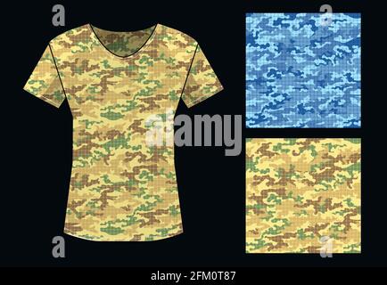 Camouflage seamless pattern in blue and sand colors and shirt template. Vector illustration. Stock Vector