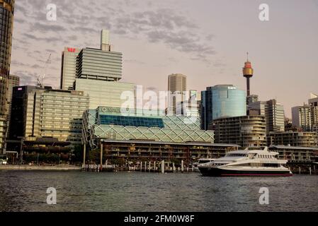Sunset over One Shelly Street, the group headquarters for Macquarie Bank, Kings Wharf on Darling Harbour Sydney Australia. Stock Photo