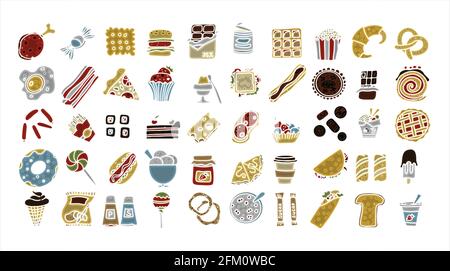 Doodle food set of 50 various fast-food products. Hand-drawn sweets, desserts, snacks, popcorn, American food and English breakfast. A big colorful Stock Vector