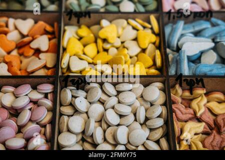 Pet shop. Dog and cat Vitamins Supplements On Animals Supermarket Shelf. Multi-colored tablets vitamins for dogs and cats. Kropivnitskiy, Ukraine Stock Photo