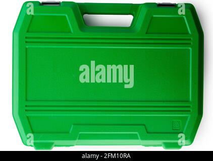 Closed green case with a set of tools for car repair, top view. Isolated on white background. Stock Photo