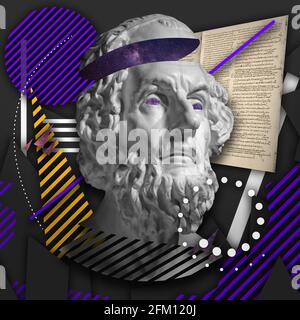 Contemporary art collage with antique statue head in a surreal style. Stock Photo
