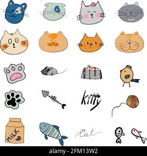 Set of funny cats heads. Cats different breeds  Stock Vector