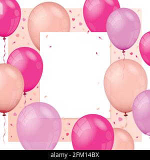 Background with flying air balloons, paper banner and confetti particles. Stock Vector