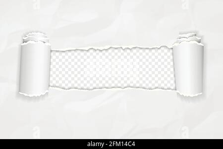 Realistic torn and twisted paper strip. Torn paper edge. Crumpled paper. Stock Vector