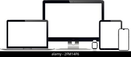 Realistic set of monitor, laptop, tablet, phone, smartwatch Stock Vector