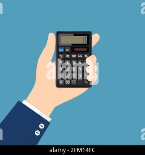 Hand holds calculator flat illustration Stock Vector