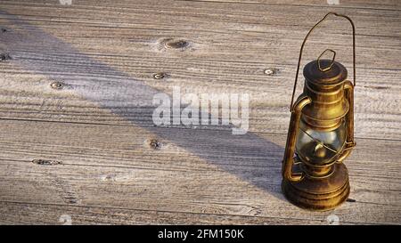 old gas lantern on wooden floor with empty space Stock Photo