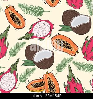 Seamless pattern with exotic fruits. Vector. Fruits and palm branches. Stock Vector