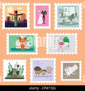 Set of stamps with original themes vector Stock Vector