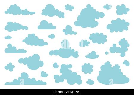 Set of blue sky, clouds. Cloud icon, cloud shape. Set of different clouds. Collection of cloud icon, shape, label, symbol. Graphic element vector. Vec Stock Vector