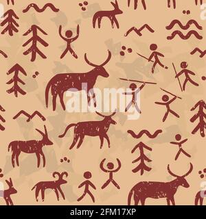 Cave paintings vector seamless pattern, repetitive background inspired by prehistoric art with cavemen hunting animals Stock Vector