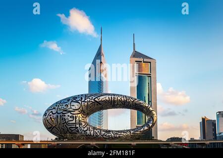 Dubai, United Arab Emirates - November 26, 2020: The Museum of The Future in Dubai at Sheikh Zayed Road in the evening. The iconic building of Dubai w Stock Photo